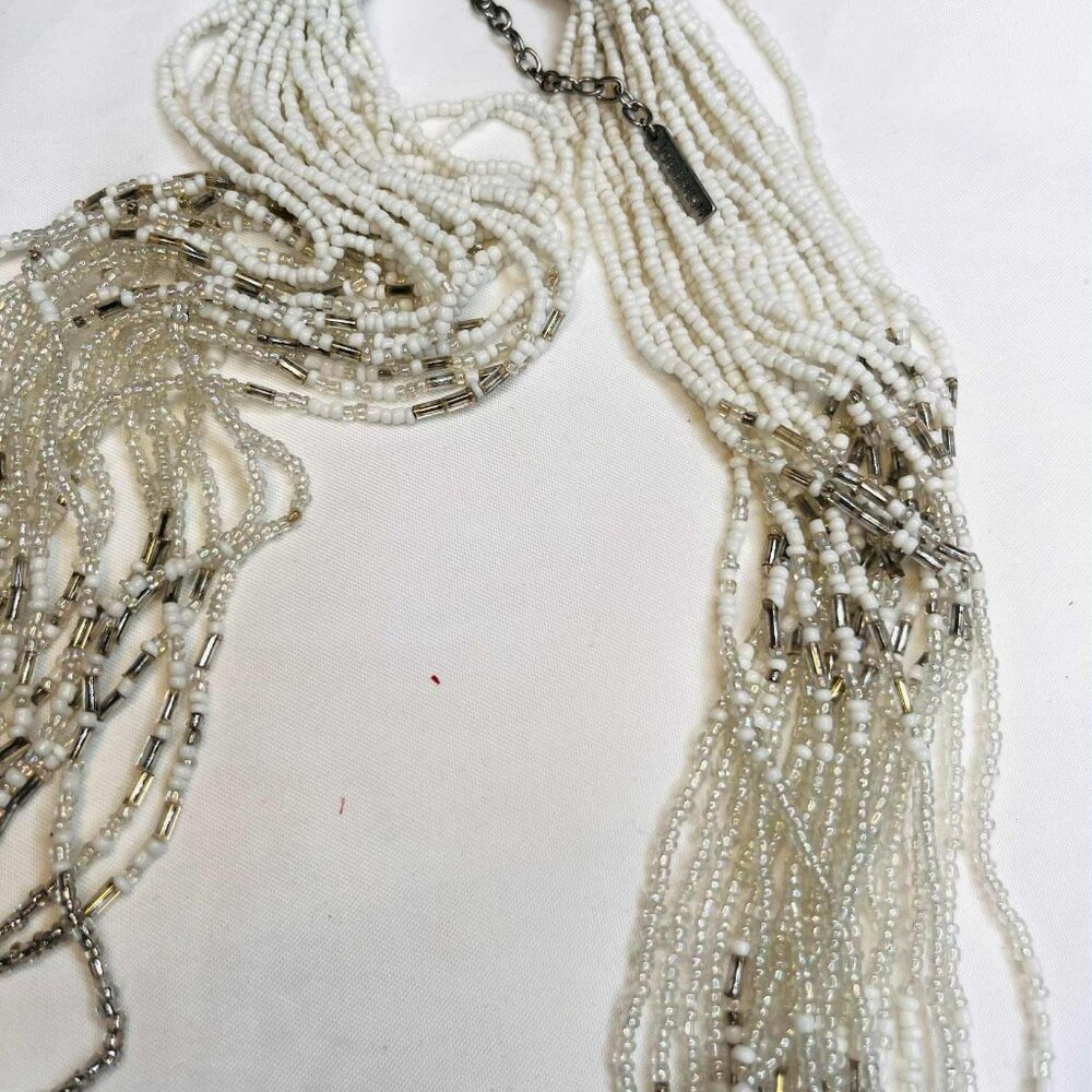 Vintage Long Multi Strand White Beaded Necklace Silver Tone 80–85 cm